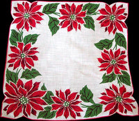 Red Poinsettia Border Vintage Christmas Handkerchief