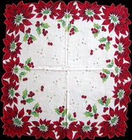 Poinsettia Border & Holly Vintage Christmas Handkerchief