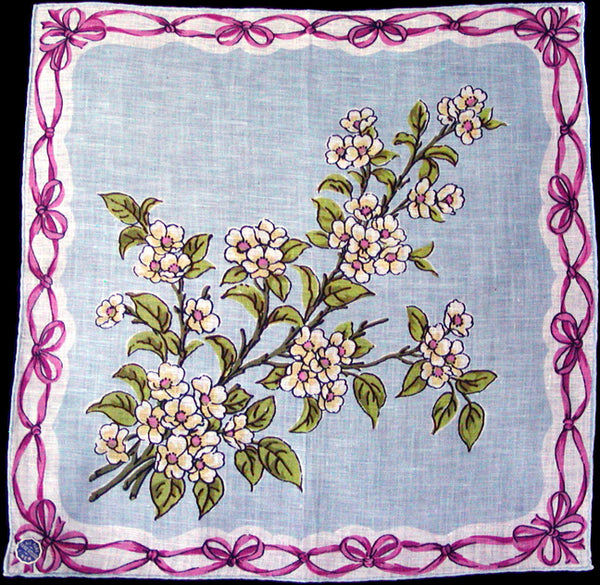 Blossoms Branches and Bow Tied Border Vintage Linen Handkerchief