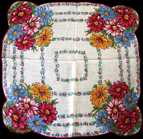 Primary Color Daisies Vintage Irish Linen Handkerchief
