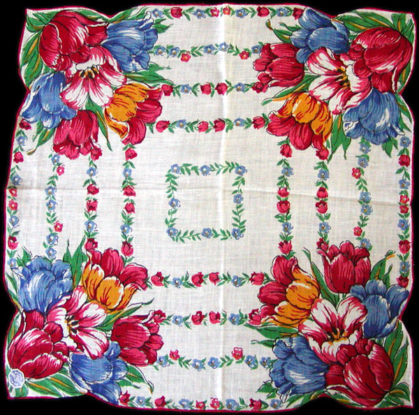 Primary Color Tulips Vintage Irish Linen Handkerchief