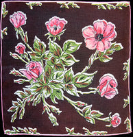 Pink Roses and Poppies on Brown Linen Vintage Handkerchief