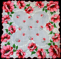 Pink & Red Poppy Border Vintage Handkerchief
