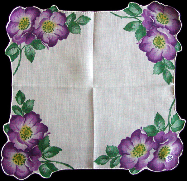 Purple Anemones Vintage Handkerchief, Hand Rolled