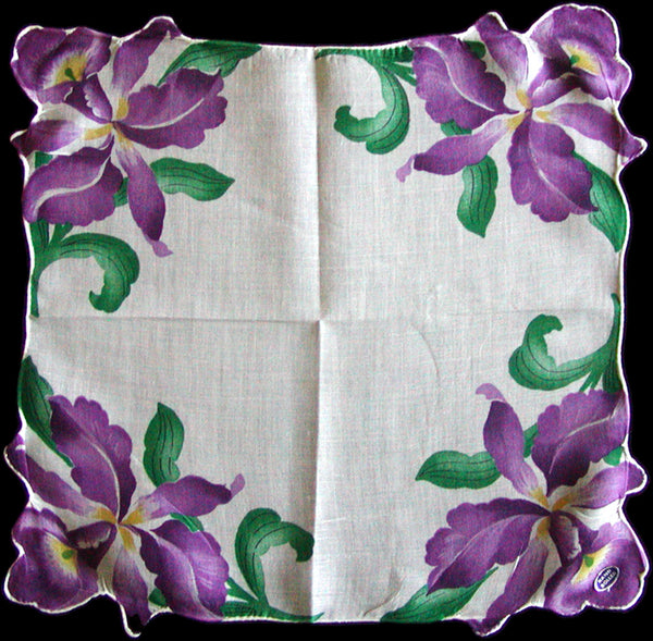 Purple Orchids Vintage Handkerchief Hand Rolled