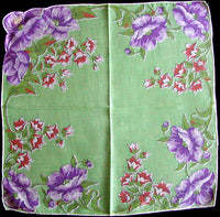 Purple Poppies on Green Vintage Handkerchief, Hand Rolled
