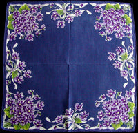 Purple Violets & Ribbons on Navy Vintage Handkerchief Burmel