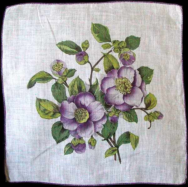 Camellia Vintage Linen Handkerchief Purple New Old Stock