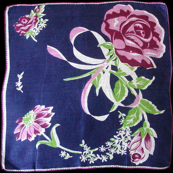 Smattered Florals on Navy Vintage Linen Handkerchief
