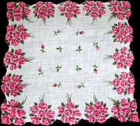 Border of Pink Raspberry Rose Nosegays Vintage Handkerchief