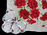 Red Carnations Blue Bow Vintage Irish Linen Handkerchief
