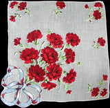 Red Carnations Blue Bow Vintage Irish Linen Handkerchief