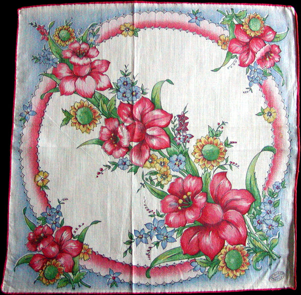 Jonquils & Sunflowers Vintage Handkerchief, Hand Rolled