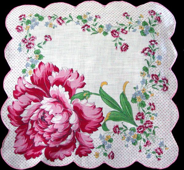 Big Red Peony Floral Print Vintage Handkerchief