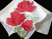 Madeira Organdy Trembler Big Red Roses Vintage Handkerchief