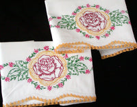 Pair Embroidered Red Rose Vintage Pillowcases w Crochet Lace, Tubing