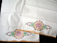 Pair Embroidered Red Rose Vintage Pillowcases w Crochet Lace, Tubing
