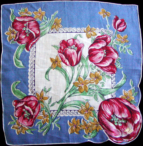 Red and Pink Tulips on Blue Irish Linen Vintage Handkerchief