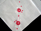 Red White Embroidered Christmas Poinsettias Vintage Handkerchief