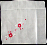 Red White Embroidered Christmas Poinsettias Vintage Handkerchief