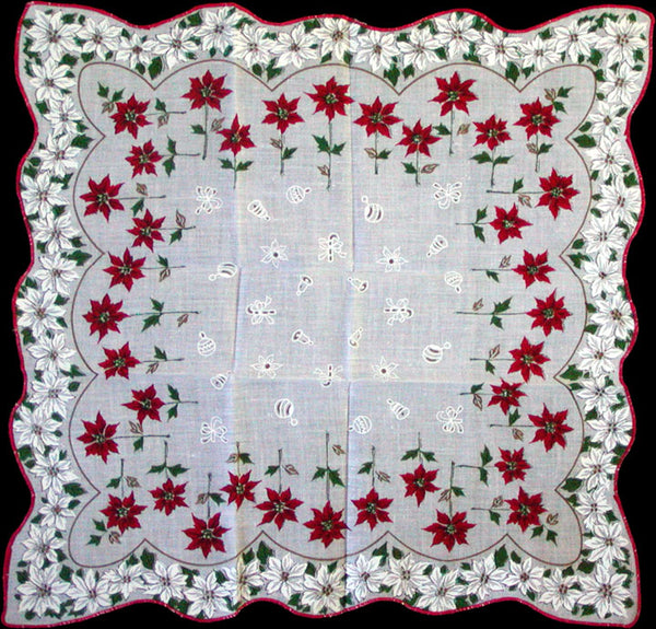 Red & White Poinsettias Vintage Christmas Handkerchief
