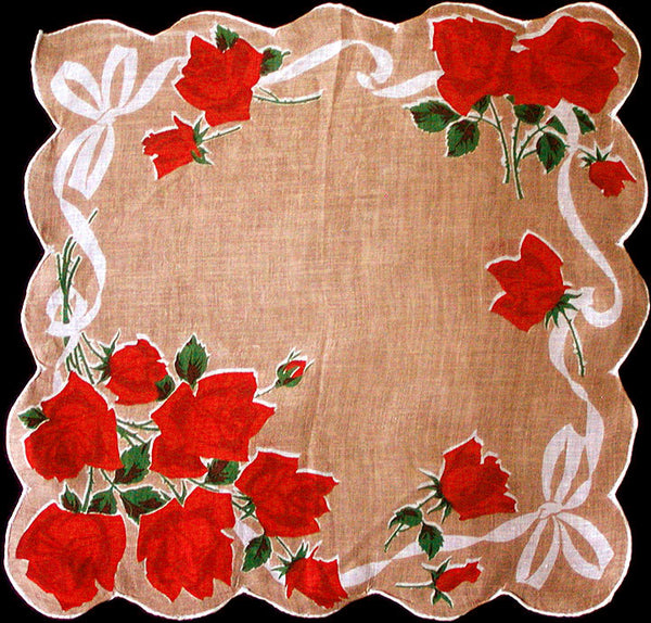 Red Roses White Bows Vintage Linen Handkerchief New Old Stock