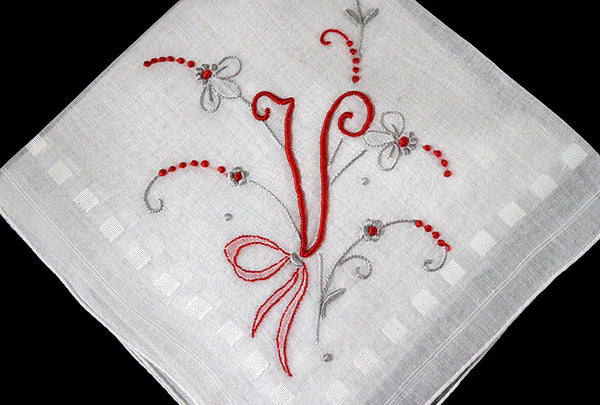 Monogram V Vintage Handkerchief, Red and Gray Embroidery