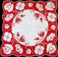 Art Nouveau Style of Poppies in Red & White Vintage Handkerchief