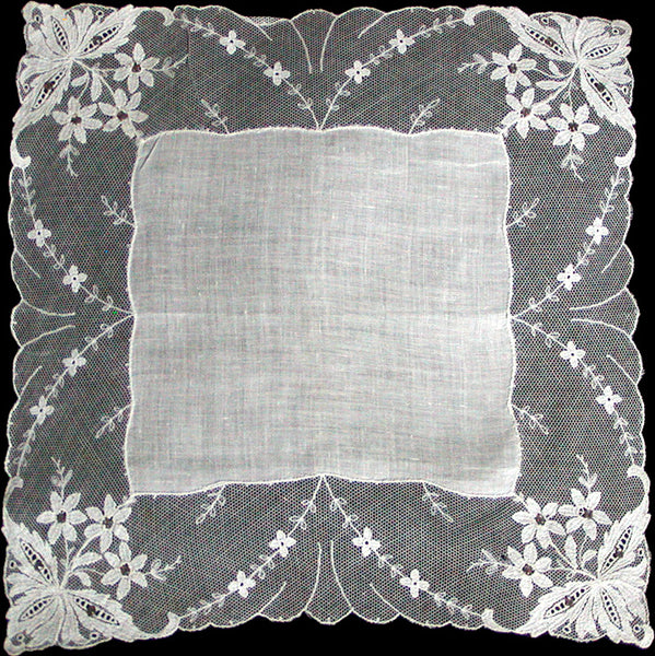 Floral Lace w Rhinestones Vintage White Wedding Handkerchief