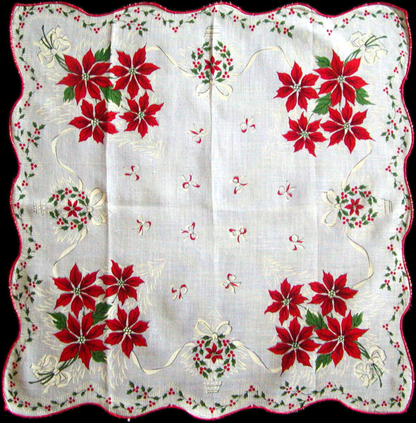Ribbons & Poinsettias Vintage Christmas Handkerchief