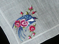 Fancy Bird Petit Point Embroidered Roses Vintage Handkerchief