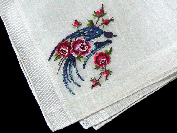 Fancy Bird Petit Point Embroidered Roses Vintage Handkerchief