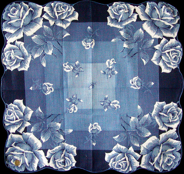 Blue Roses Vintage Handkerchief, 16 Inches New Old Stock