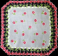 Concentric Red Roses Vintage Handkerchief New Old Stock