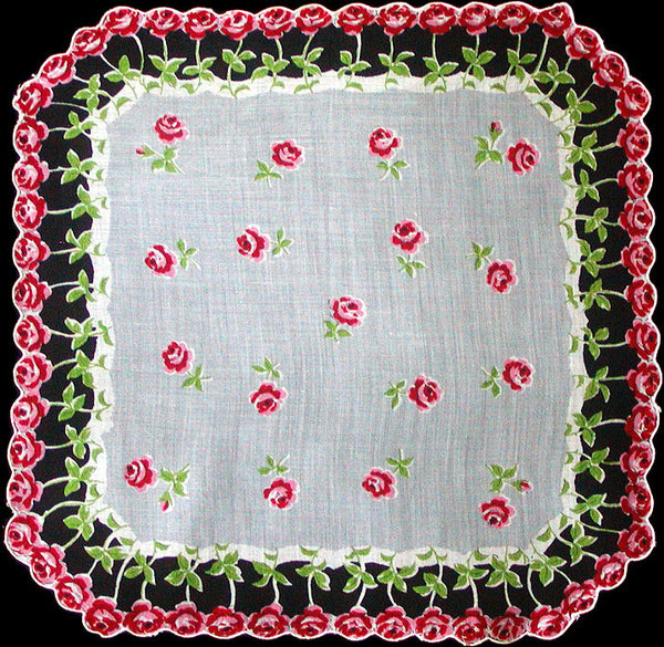Concentric Red Roses Vintage Handkerchief New Old Stock