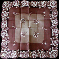 Brown Roses Vintage Handkerchief, 16 Inches New Old Stock