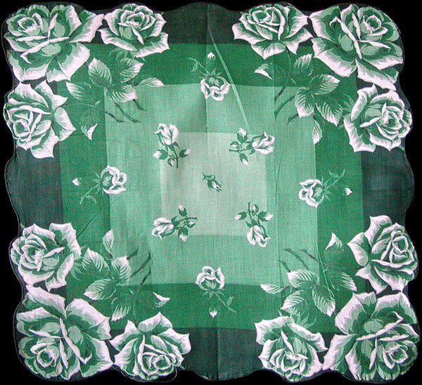 Green Roses Vintage Handkerchief, 16 Inches New Old Stock