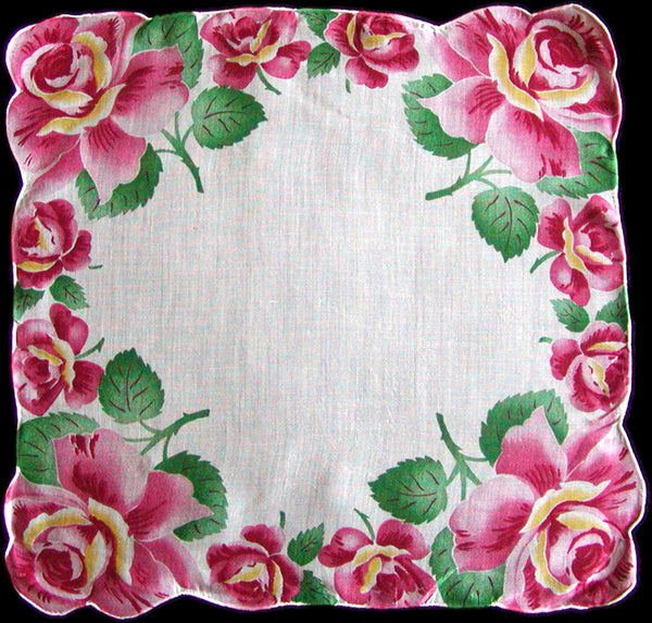 Pink Rose Border Hand Rolled Vintage Handkerchief