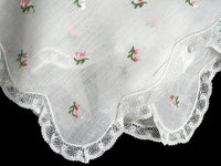 Fine Embroidered Pink Flowers w White Lace Vintage Handkerchief