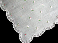 Fine Embroidered Pink Flowers w White Lace Vintage Handkerchief