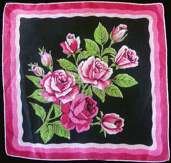Cranberry Roses on Black Vintage Linen Handkerchief