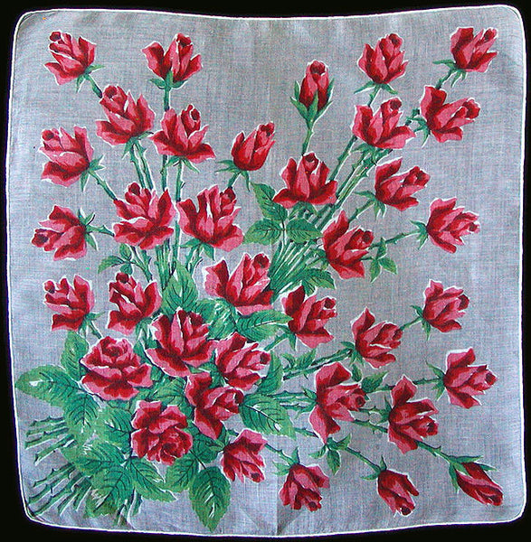 Red Roses Vintage Linen Handkerchief New Old Stock