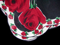 Red Roses on Black Irish Linen Vintage Handkerchief