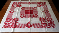 Abstract Red Stripes and Floral Vintage Tablecloth 39x39