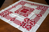 Abstract Red Stripes and Floral Vintage Tablecloth 39x39