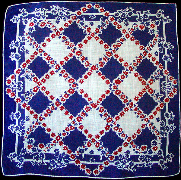 Red White Blue Floral Trellis Vintage Linen Handkerchief