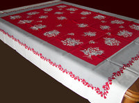 Lily of the Valley in Red & White Vintage Tablecloth 52x62