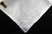 Monogram R Vintage White Linen Handkerchief Madeira Embroidery