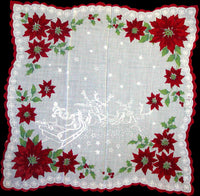 Poinsettia Border Santa Reindeer Vintage Christmas Handkerchief