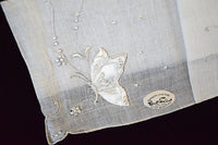 White Satin Butterflies Vintage Irish Linen Handkerchief Madeira